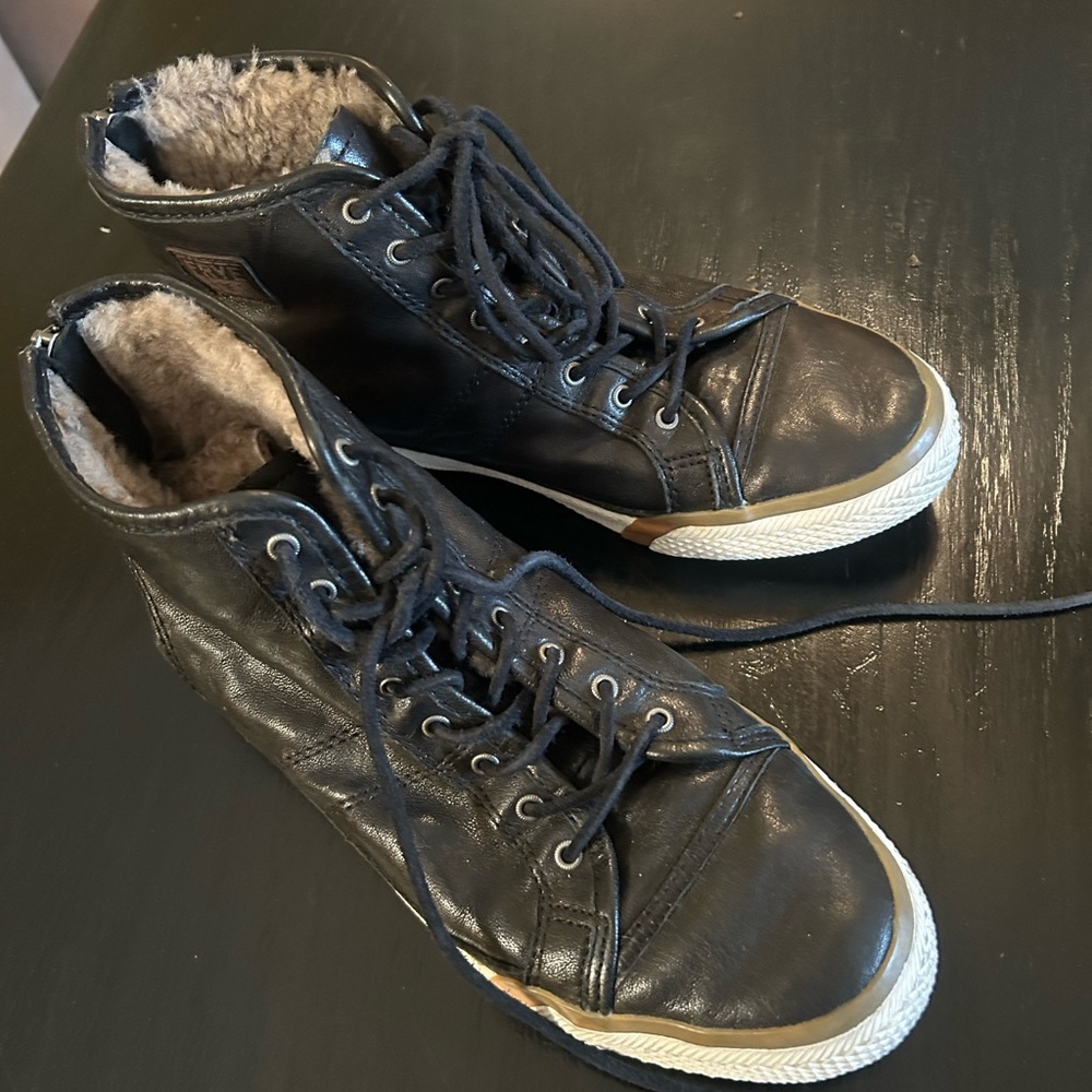 Frye black leather, high top athletic shoes.